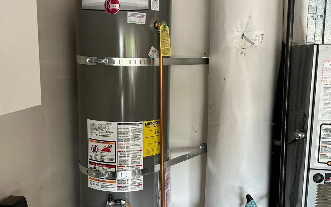New gas water heater installed in a garage
